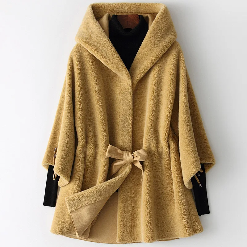

Wool Cashmere Autumn Winter Fashion Hooded Slim Fur Coat Women's Short Leisure Bawing Half Sleeves Thick Warm Jacket