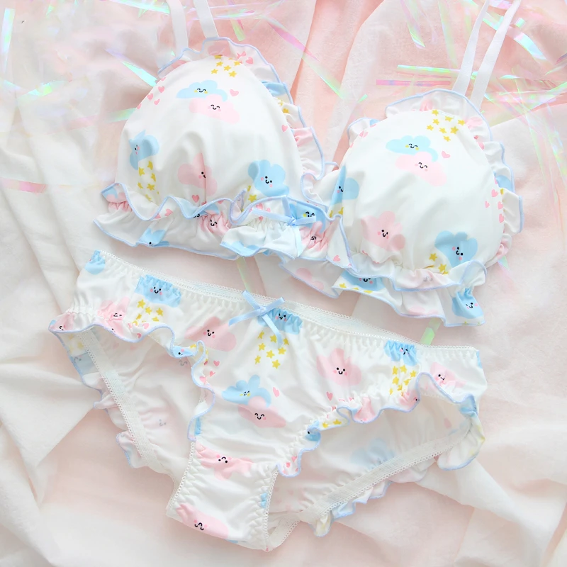 

OJBK Cute Japanese Bra & Panties Set Wirefree Soft Underwear Sleep Intimates Kawaii Lolita Color White Nightwear