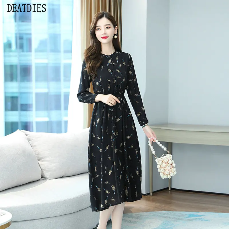 

New 2020 Print Women Autumn And Winter Dresses Long Sleeve Chiffon High Waist A-line Dress Black Elegant Lady Office Dress