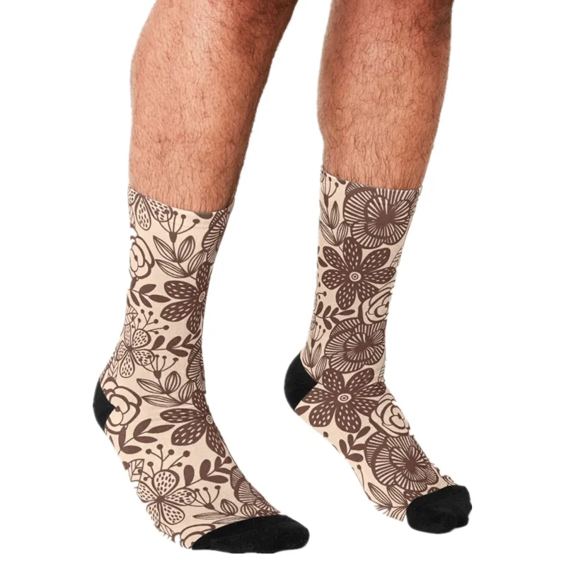 

2021 Funny Men's socks Brown retro Floral Pattern Printed hip hop Men Happy Socks cute boys street style Crazy Socks for men