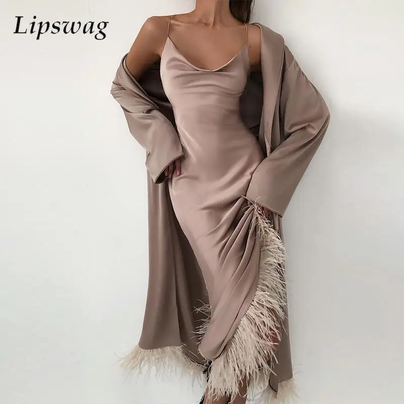 

Женское длинное платье с открытыми плечами и бахромой, Свободный кардиган, наряды, весна-осень, однотонные офисные комплекты, халат, элегант...