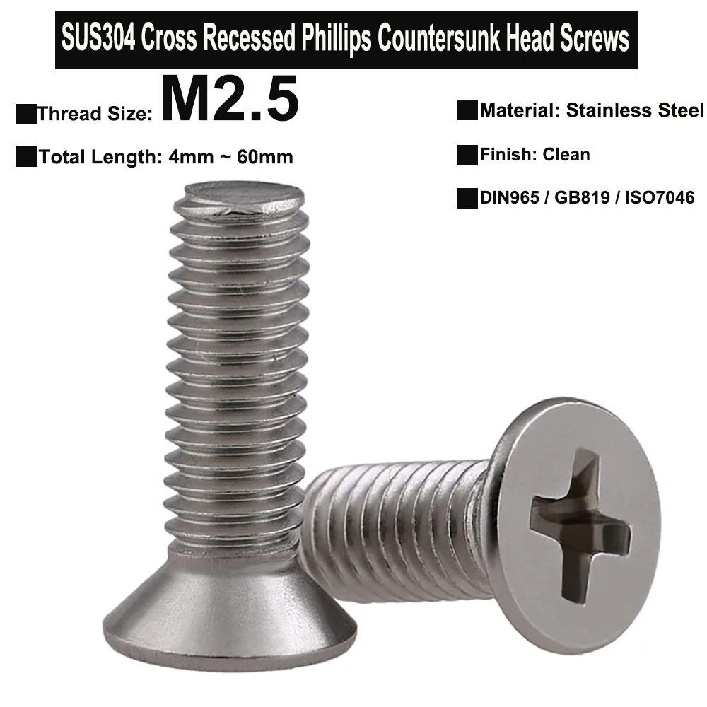 

50Pcs/20Pcs/10Pcs M2.5x4mm~60mm SUS304 Stainless Steel Cross Recessed 90° Countersunk Head Phillips Screws DIN965 GB819 ISO7046