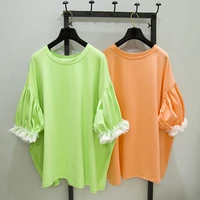 oversized t shirts for women 2021 summer summer new short sleeve tee shirt loose summer lace patch original top candy color