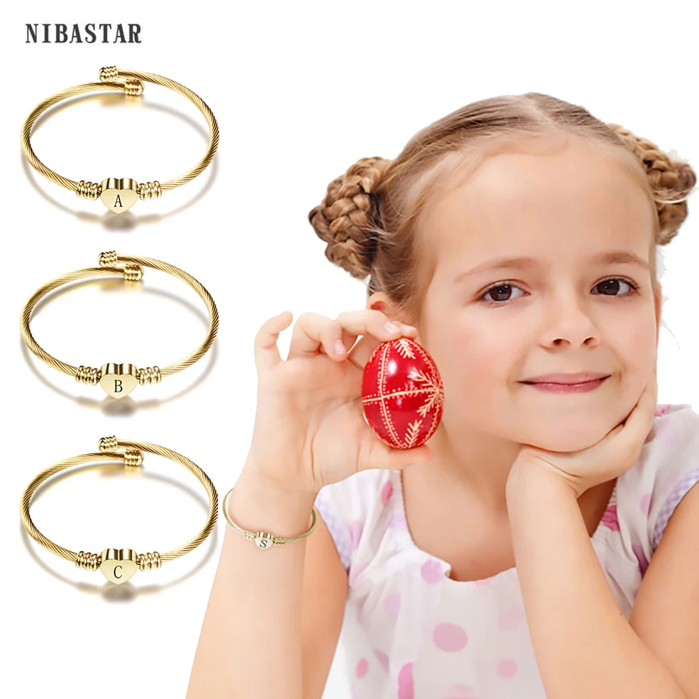 

Lovely Kids Initial Bracelets Stainless Steel Tiny Letter Personalized Gift For Baby Gold Color Heart Custom Bangles Handmade Gi