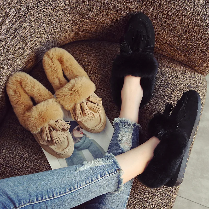 Женские туфли с бахромой зимние ботинки кроличий мех обувь на плоской подошве