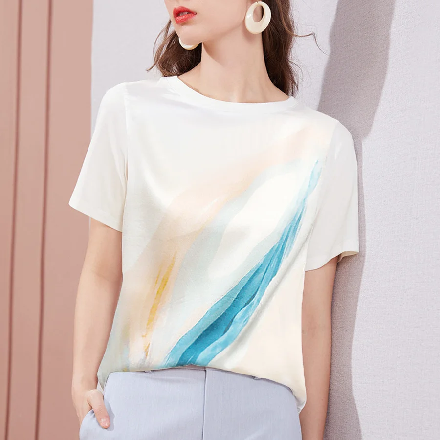 

BoozRey Womens Fashion Tops White T-shirt Women 2021 New Summer Printed Casual Loose and Thin Round Neck Pullover Top