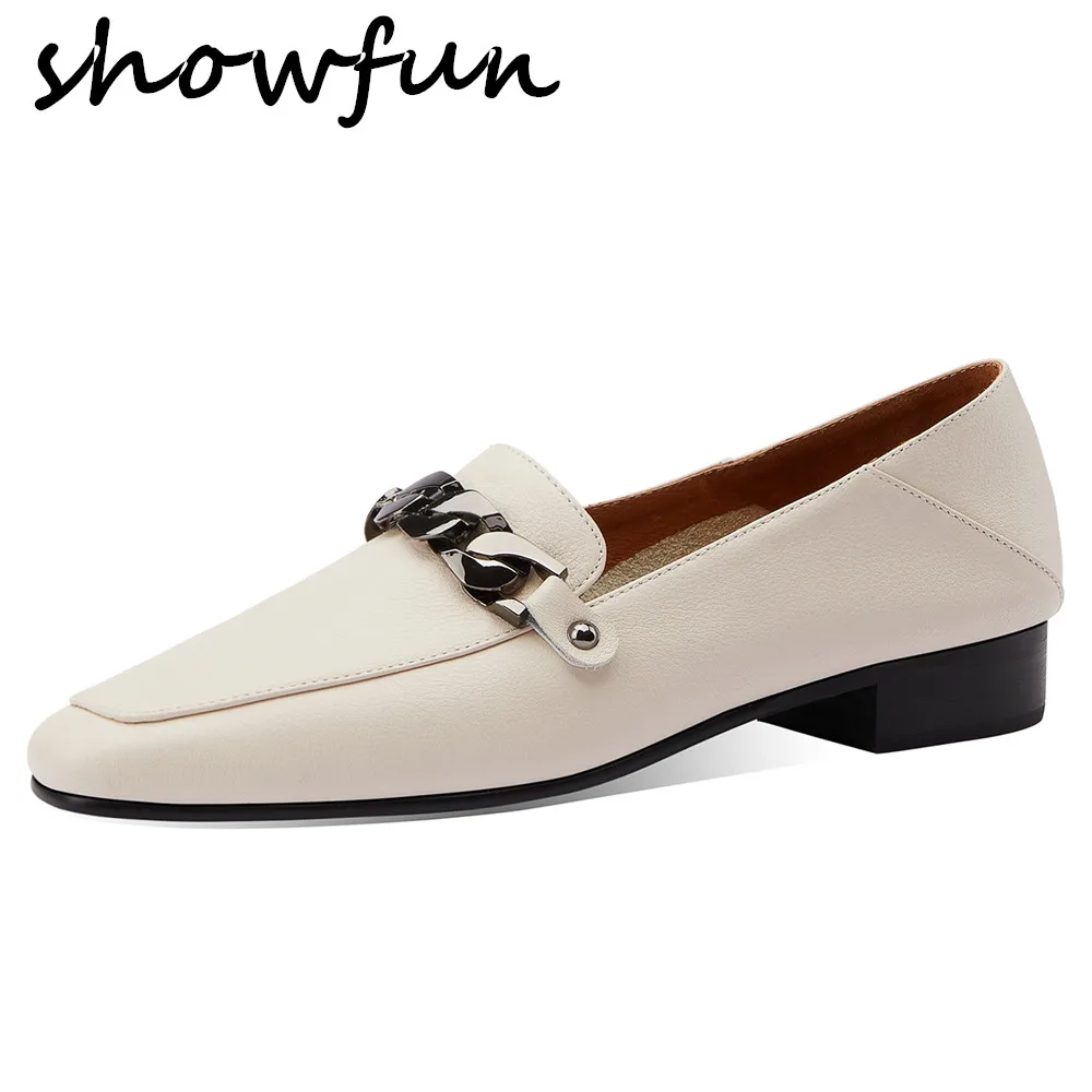 

Women's genuine leather slip-on flats loafers leisure soft comfortable espadrilles square toe casual female footwear chain shoes