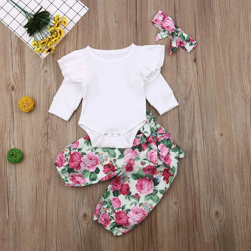 

Newborn Baby Girl Clothes Set Fashion Autumn Long Sleeve Solid Color Romper Tops Stripe Pants Headband Infant Clothing Outfits