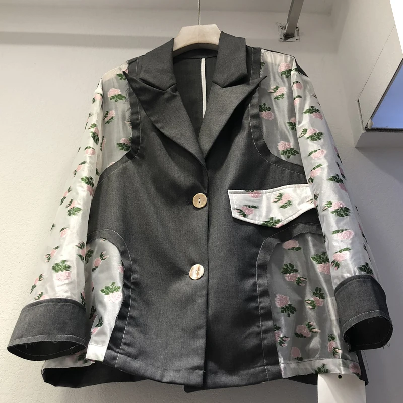 

VGH Elegant Patchwork Print Hit Color Blazer For Women Notched Long Sleeve Straight Loose Blazers Female Summer Fashion 2021 New