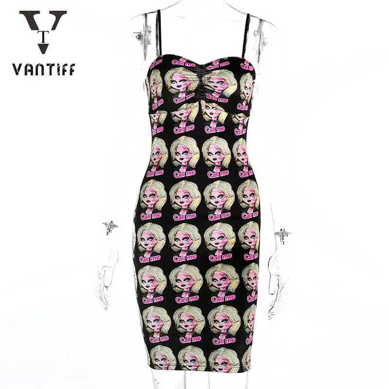 

SummerDressClothesforWomenDressesDayPartySlingCartoonQuirkyHeadPrintDressSexyPleatedSkirtInsideOuterWear