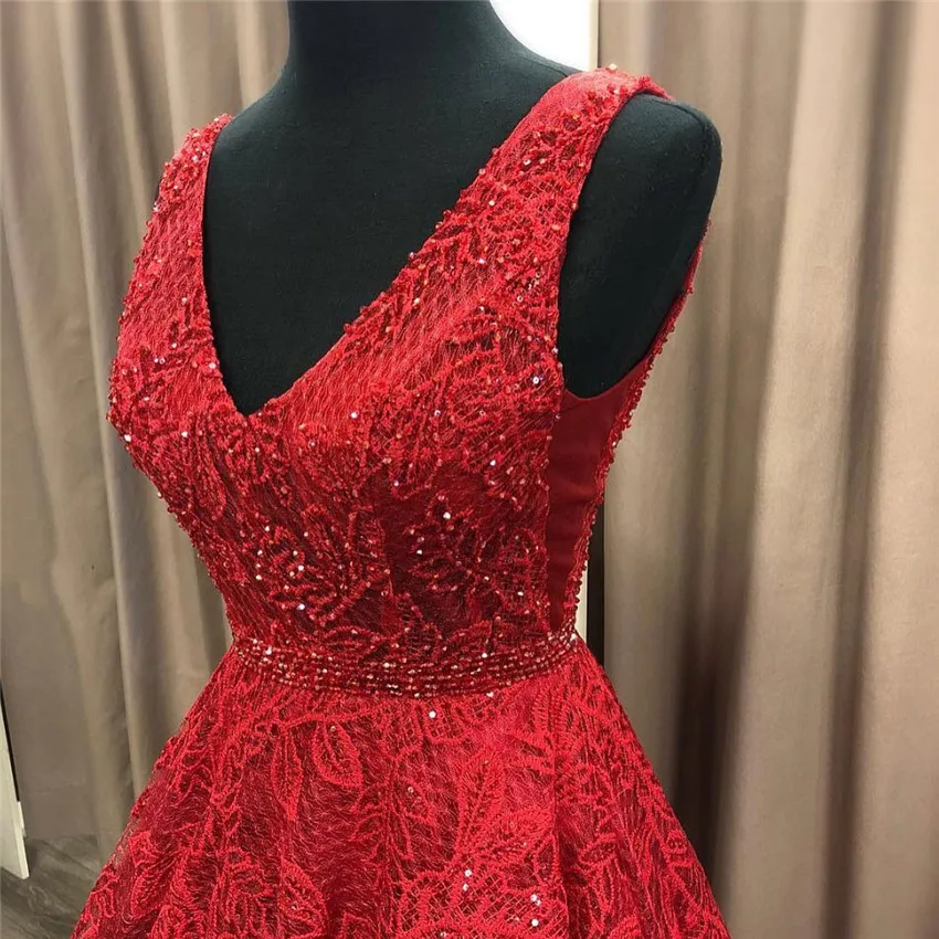 Elegant Red Real Pictrue Prom Dresses Beaded Sequined V Neck Sleeveless Floor Length Evening Party Gowns gala jurken | Свадьбы и