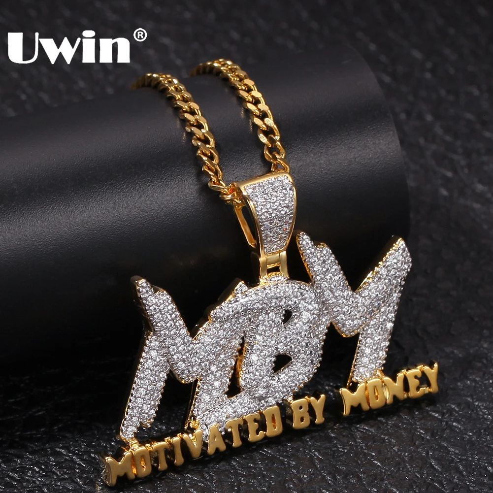 

UWIN Motivated By Money Letter Necklace Paved Iced Out AAA Cubic Zirconia Chain Men Women Hiphop Jewelry Pendant