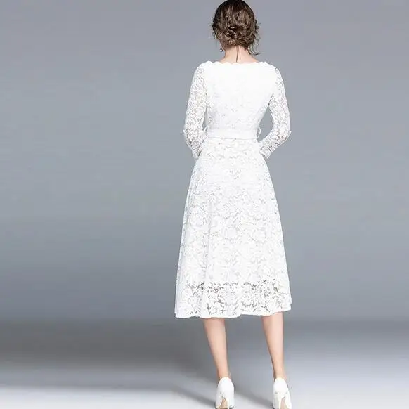 Белое кружевное платье для женщин осенне-зимние элегантные черные вечерние