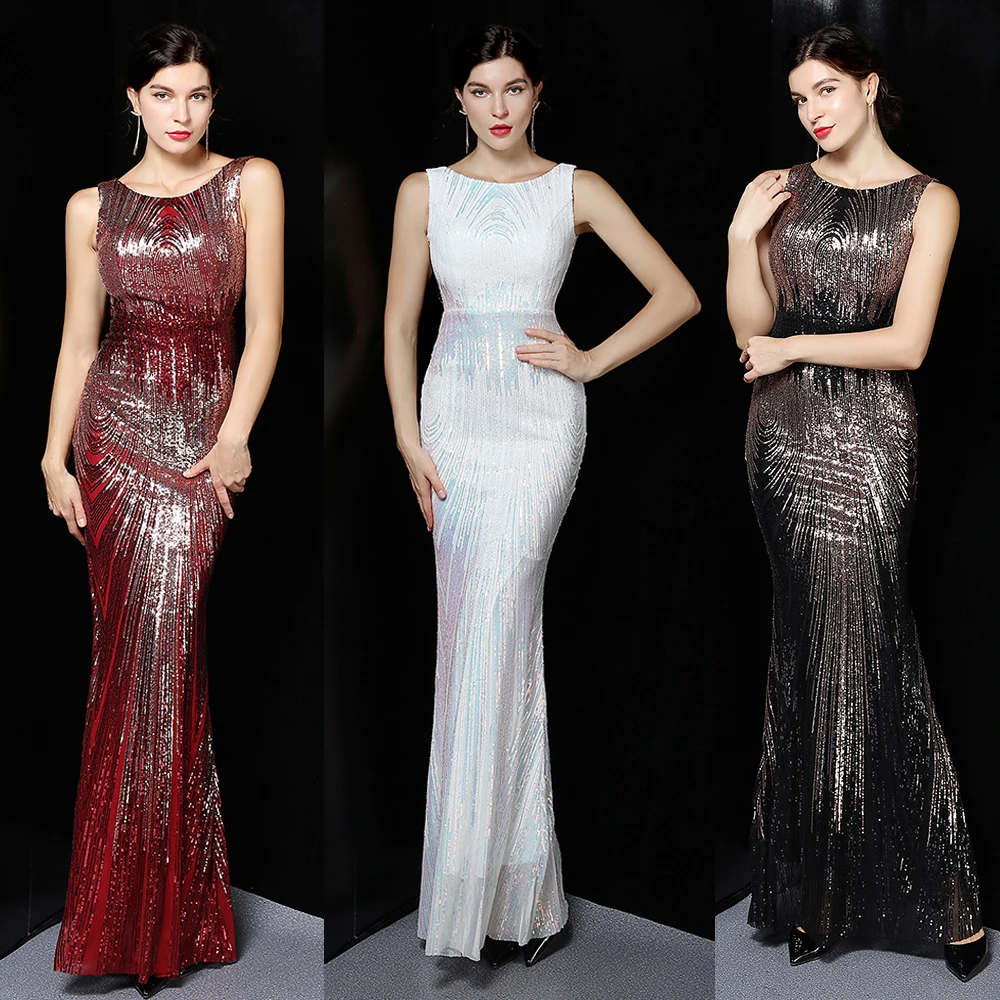 

2021 Luxurious O-neck Sleeveless Sequins Mermaid Evening Dress Women Floor Length Party Gowns vestidos de fiesta de noche