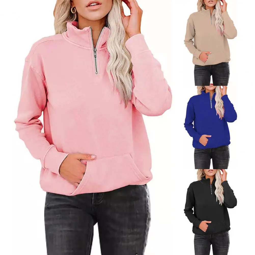 

Women Sweatshirt Solid Color Large Pocket Autumn Winter Ribbed Cuff Warm Pullover for Daily Wear