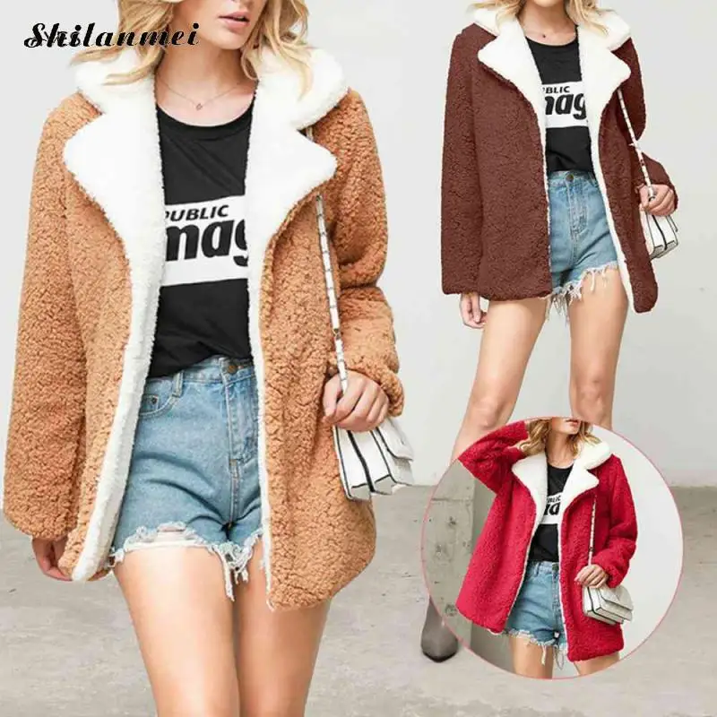 

Plus Size 4xl Winter Coat Women 2019 Fashion Warm Fur Lambswool Jacket Autumn Winter Lapel Collar Pocket Zipper Casual Outerwear