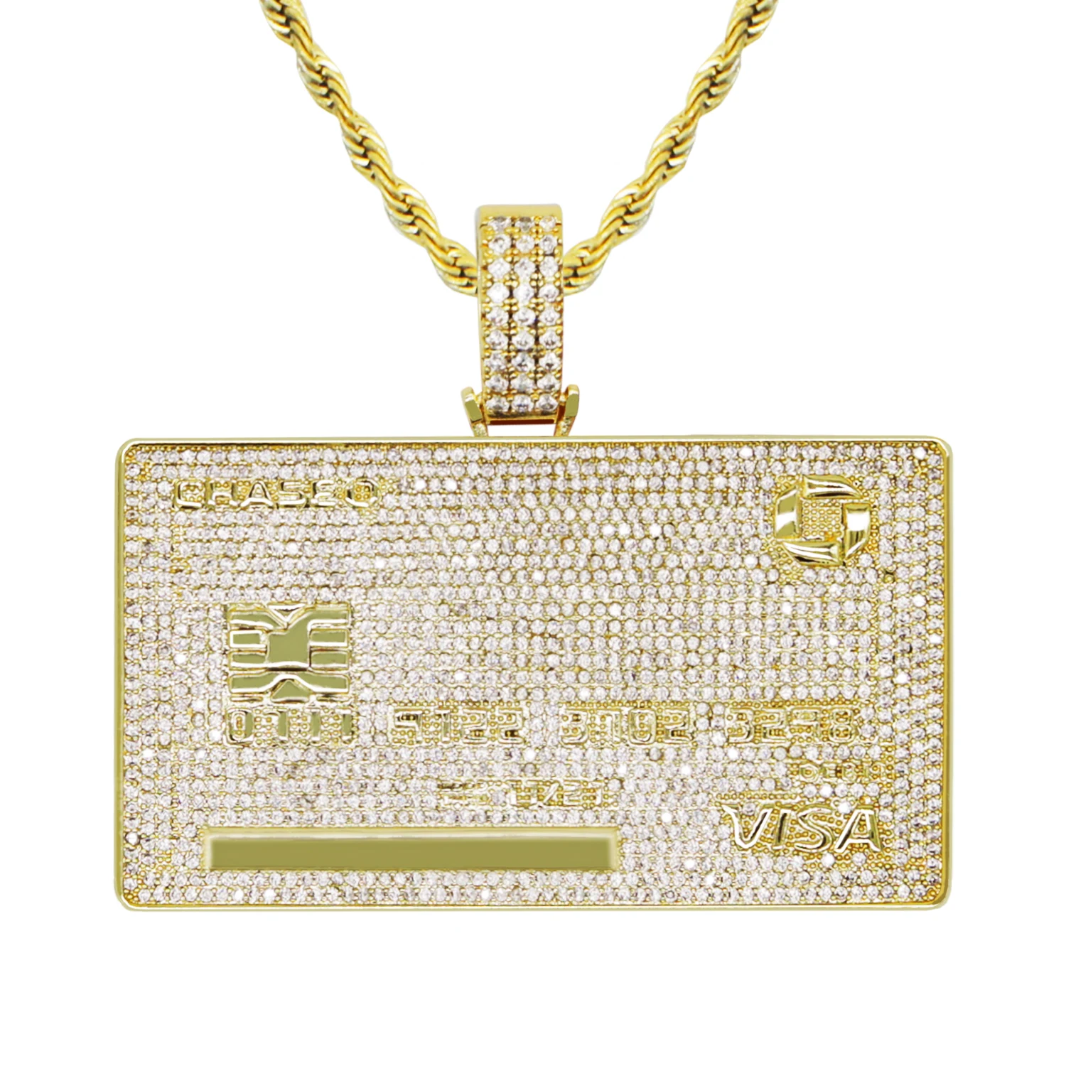 Iced Out VISA Diamond Credit Card Pendant Necklace 18K Gold Plated Mens HipHop Bling Jewelry Gift