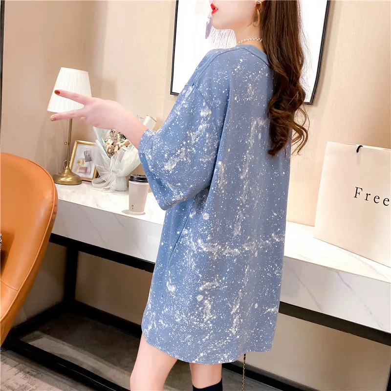 

2021 Fashion Women'S T-Shirt Short Sleeve Summer Ladies Clothing Black Grunge Printing Oversized Clothes O-Neck Mid-Length Tee S