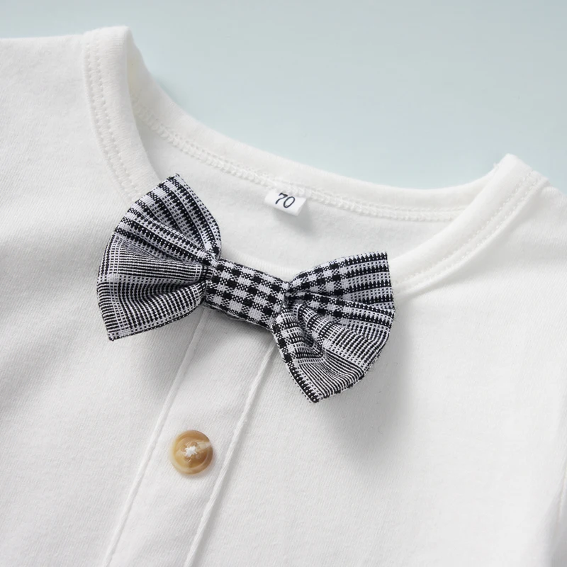 2PCs Newborn Baby Boys Cotton Sets Solid Bow Tie Romper Plaid Strap Pants Streetwear Outfit Casual Fashion Autumn Clothes 0-24M |