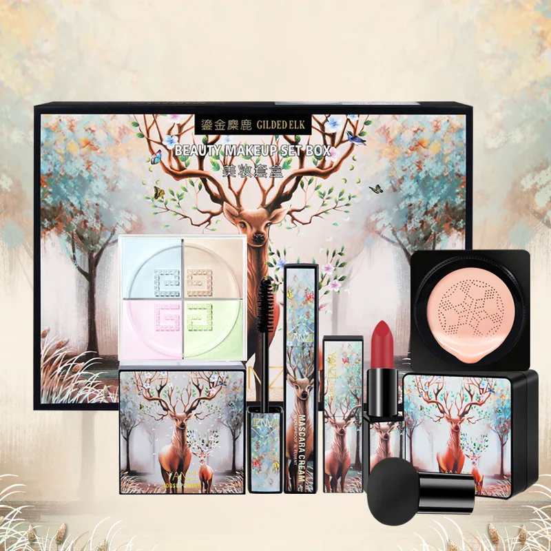 

4pcs/set Elk Makeup Gift Box Mushroom Head Cushion Mascara, Makeup Powder Non-fading Lipstick Set