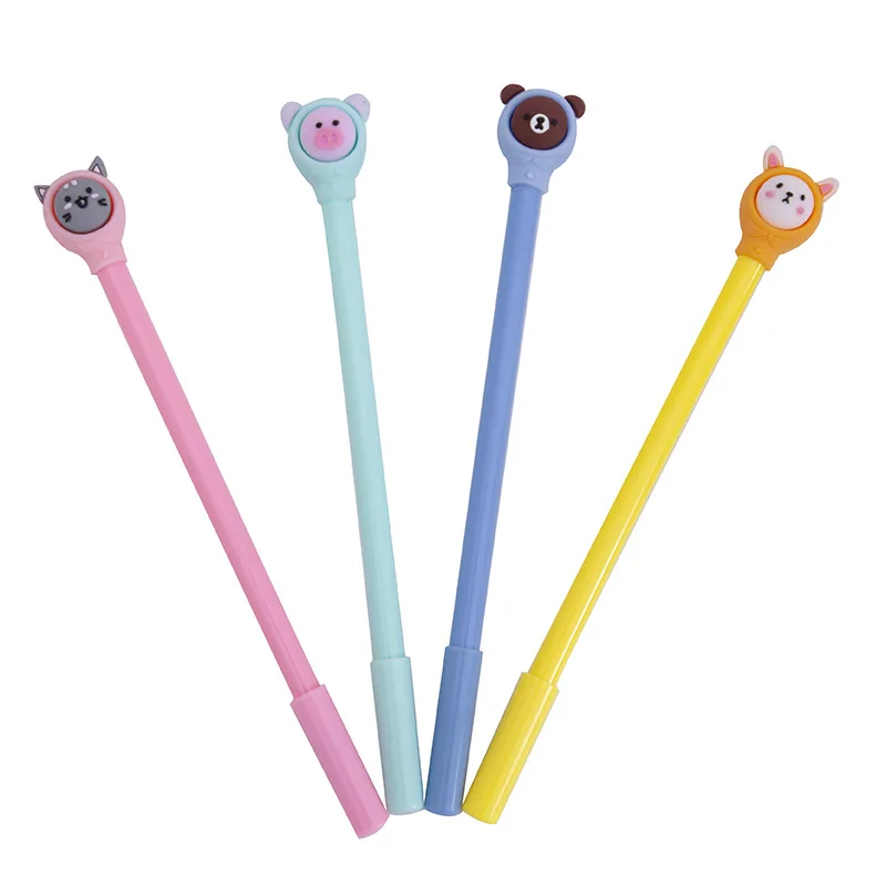 

4Pcs/Set Creative Cute Bear Pig Rabbit Cat Shape Gel Pen Cartoon Hat Animal Pens Black 0.5mm Student Gel Pen School Stationery