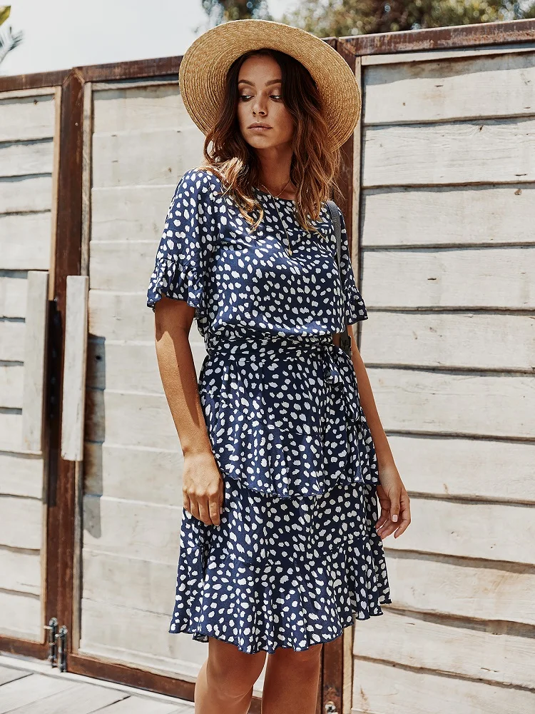 

Summer Dress Women Polka-dot Print Midi Dresses 2020 New Short Sleeve O-neck Slash Sashes Loose Beach Dress Holiday Vestidos