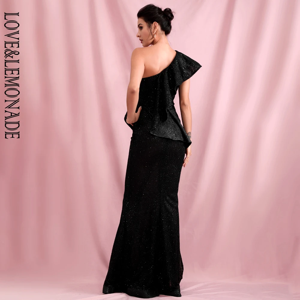 

LOVE&LEMONADE Sexy One Shoulder Ruffled Stitch Black Glitter Material Bodycon Party Maxi Dress LM81886