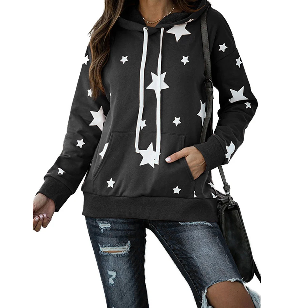 

Fall Woman Clothes Pocket Full Sleeve Drawstring Hooded Top Sweatshirt Loose Casual Ladies Pullover Stars Printed Hoodies