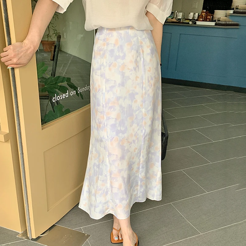 

Kimotimo Women 2 Piece Set Korean Chic Summer Elegant Shawl Collar Transparent Puff Sleeve Shirt + High Waist Print Long Skirt