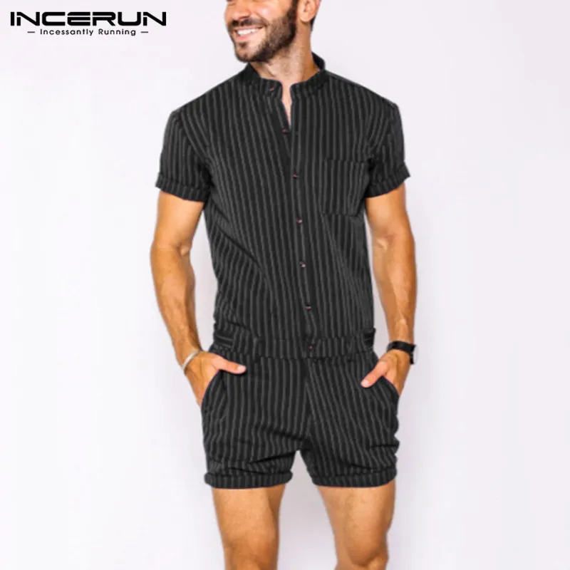 incerun striped men rompers breathable stand collar short sleeve joggers playsuits streetwear fashion men jumpsuits shorts s 5xl free global shipping