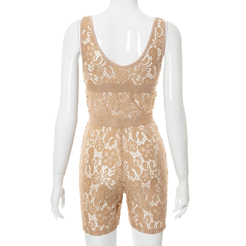 

Bomblook Sexy Party Club Rempers Summer Female 2021 Sleeveless V-neck Patchwork See Through Lace Playsuit Women's Streetwears