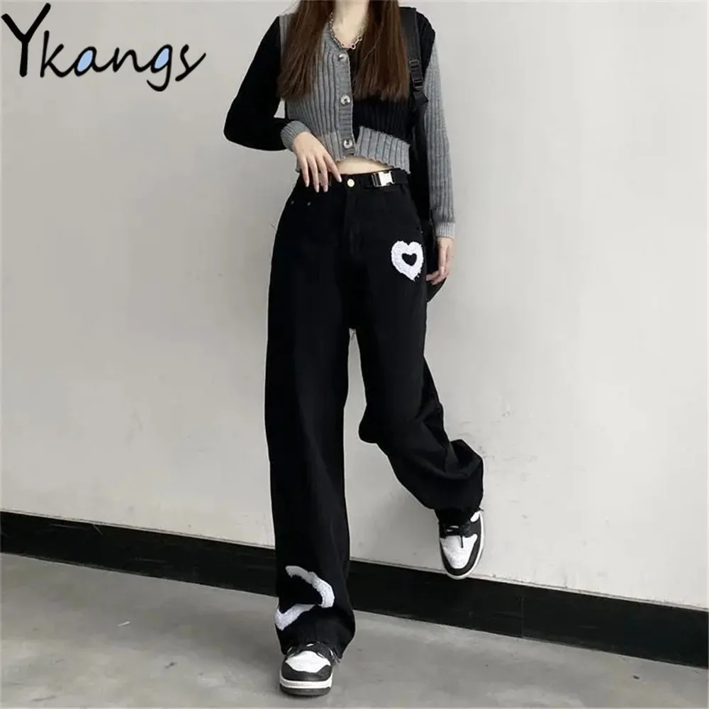 

Flocking Heart Shaped Stitching Waist Buckle Loose Black Desigual Women Trendy Denim Pants Ins Y2k Fairycore Aesthetic Trousers