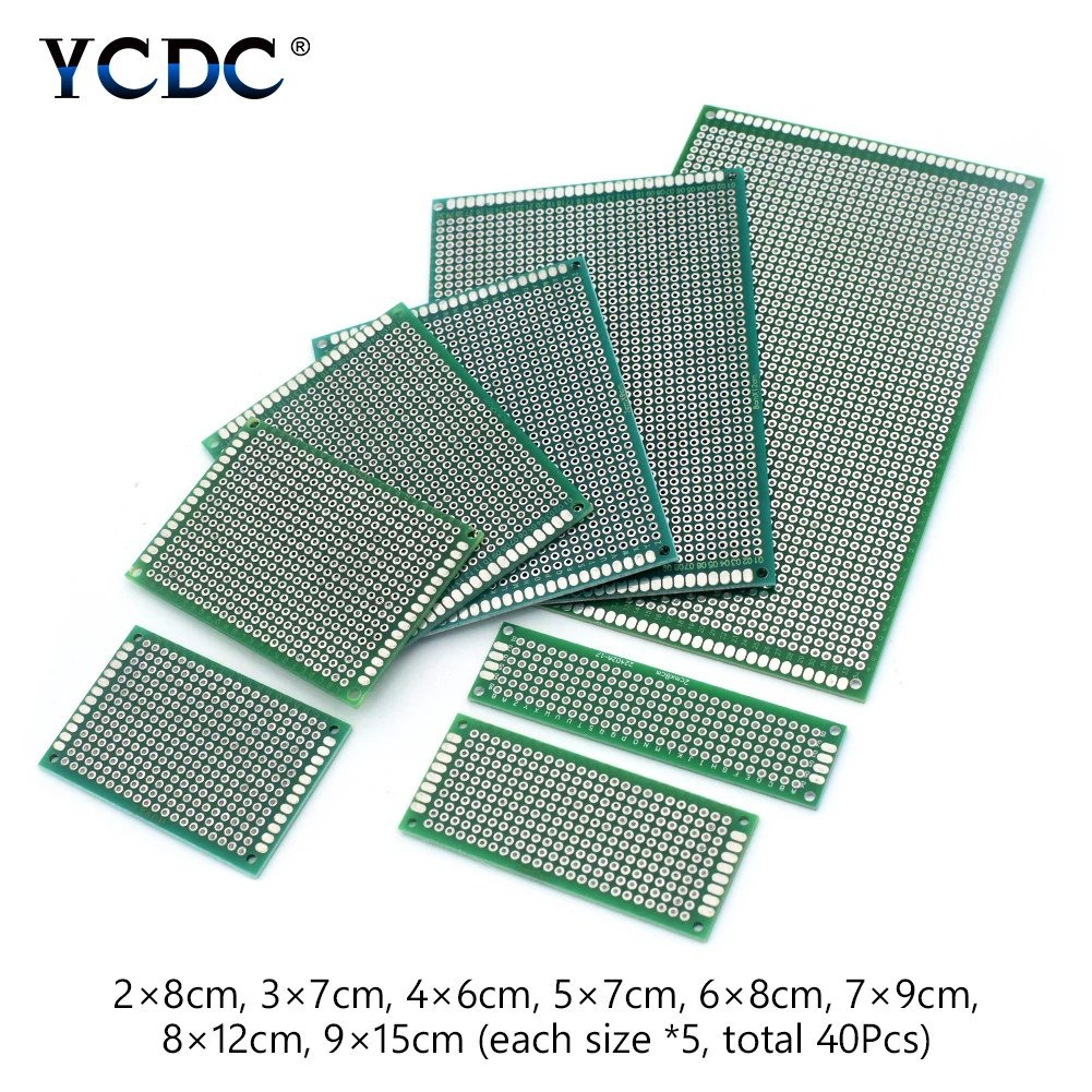 

40Pcs Set 2x8 3x7 4x6 5x7 6x8 7x9 8x12 9x15cm PCB Printed Circuit Board Duel Sides Prototype Breadboard 8 Sizes