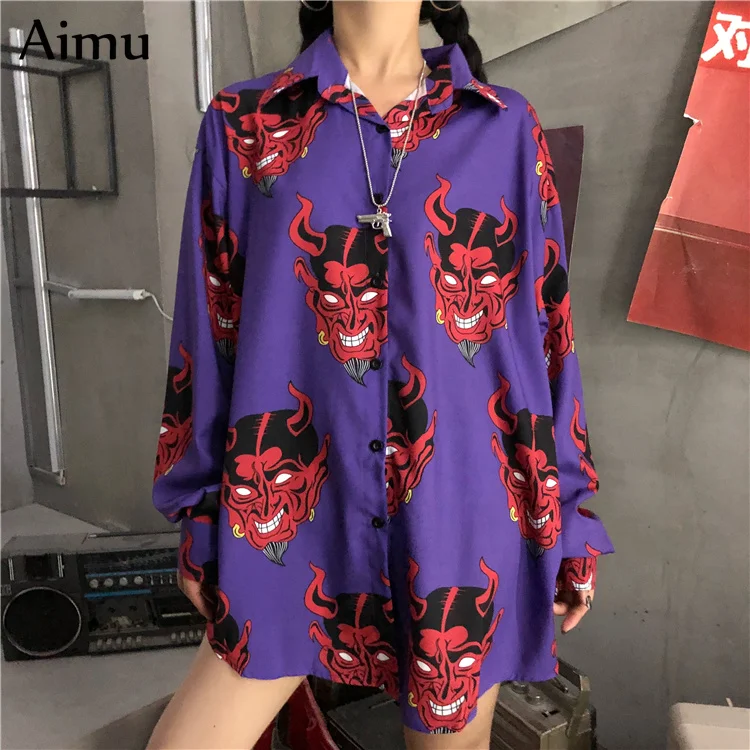 Harajuku рубашка blusas Женская ulzzang с длинным рукавом женская блузка srping Осень Свободный дьявол в готическом стиле с принтом Блузки корейские женские топы