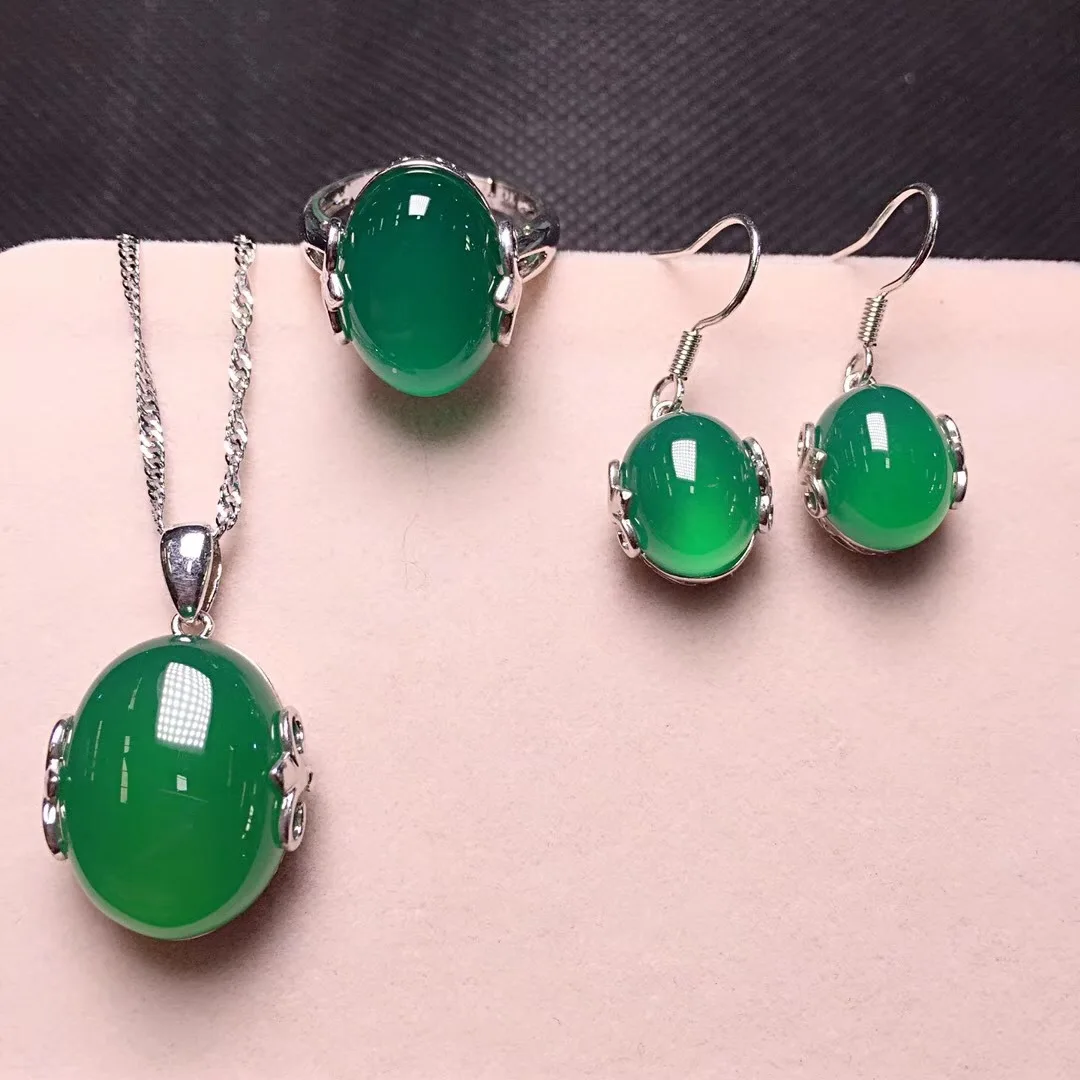 

Natural Agate Green Chalcedony S925 Silver Inlay Set Women's Three-Piece Earring Ring Pendant