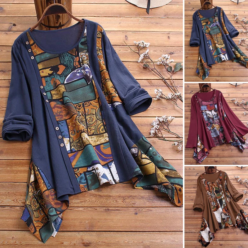 

Women Shirt Fashion Casual Round Neck Tops Pullover Loose Ethnic Print Long Sleeve Blouse Spring Fall Big Size Irregular Shirts