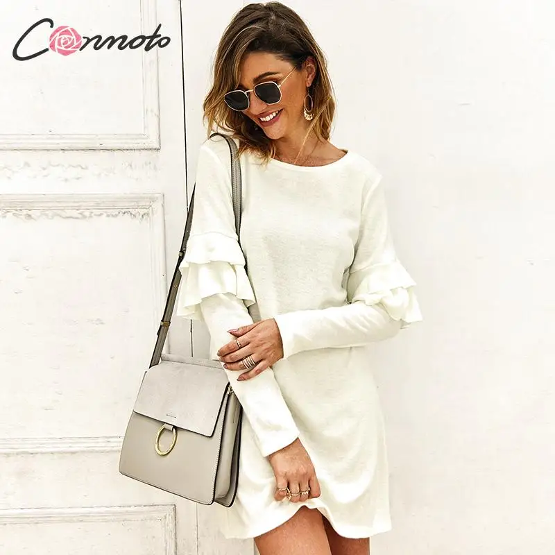 Conmoto женское модное белое Трикотажное короткое платье с рюшами 2019 осенне зимнее