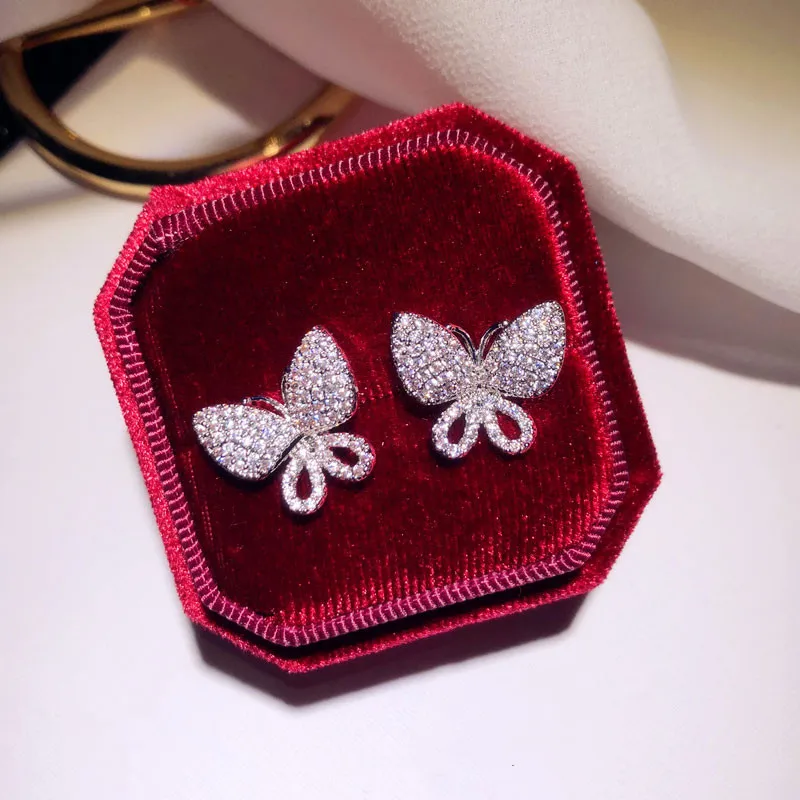 S925 Sterling Silver Needles Fine Jewelry Stud Earrings For Women Butterfly Cubic Zirconia Elegant Temperament Fine Jewelry