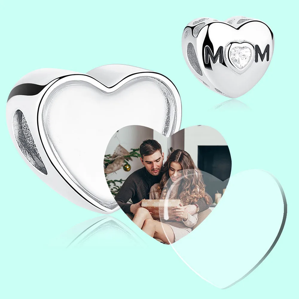 925 Sterling Silver Custom Photo Heart Charm Forever Love Mom CZ Beads Fit Original Bracelet DIY Jewelry Mother's Day Gift | Украшения