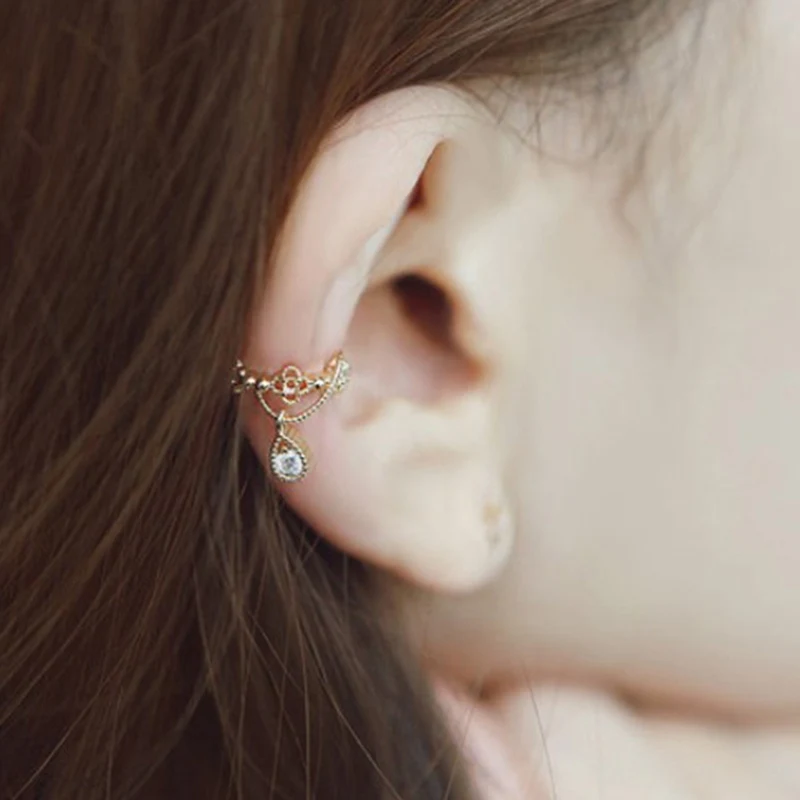 1 Pcs Women Elegant No Piercing Crystal Rhinestone Water Drop Pendant Ear Cuff Wrap Clip Cartilage Earrings