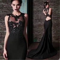 2018 robe de soiree sexy backless mermaid with applique sheer neck sleeveless long black party prom gown bridesmaid dresses