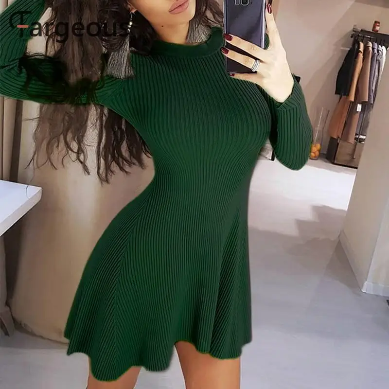Fargeous Casual Knitted Sweater Dress Women Autumn Winter Ribbed Long Sleeve 2019 Basic White Short Vestidos | Женская одежда