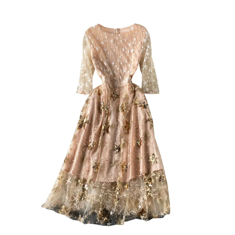 

Summer retro court style slim waist round neck Sequin lace dress super fairy long