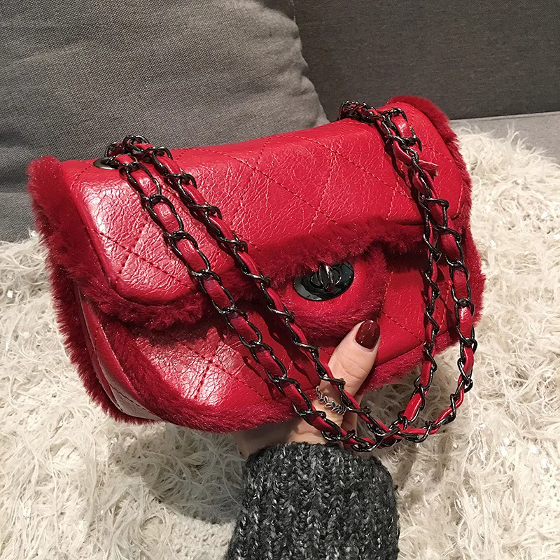 Меховая женская сумка 2019 зимняя новая клетчатая мессенджер с цепочкой модная