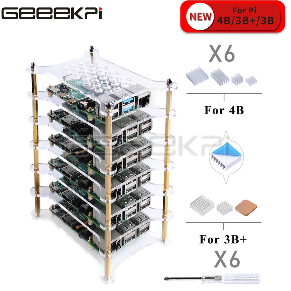 6 слоев прозрачный/темно коричневый акриловый чехол GeeekPi с отверткой для Raspberry Pi 4 B