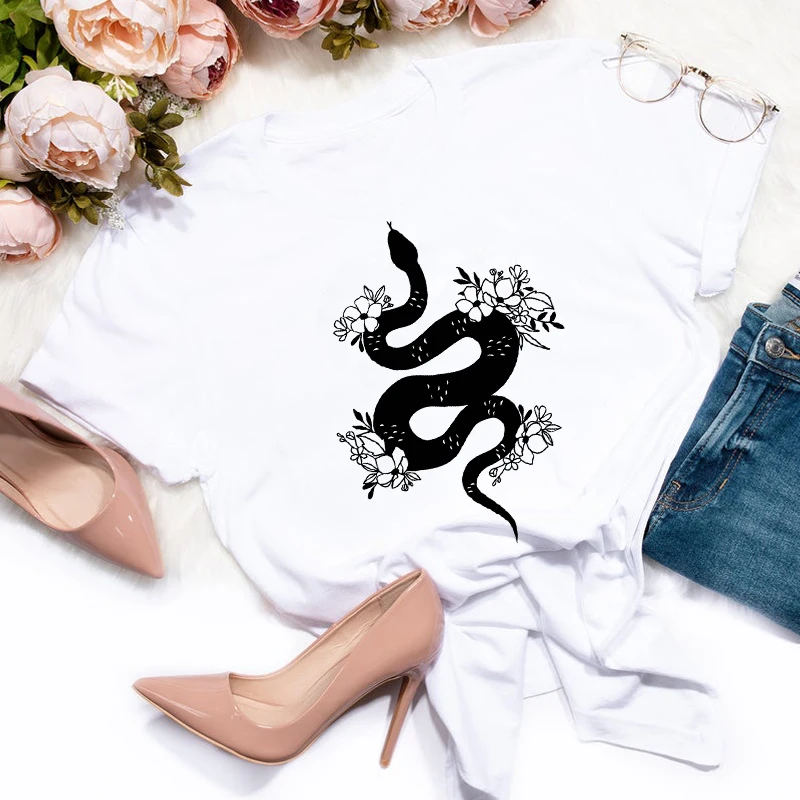 

Цветочный змея 100% хлопковая футболка Эстетическая богемное летнее Графический Футболка Топ Мода для женщин короткий рукав Tumblr Hipster