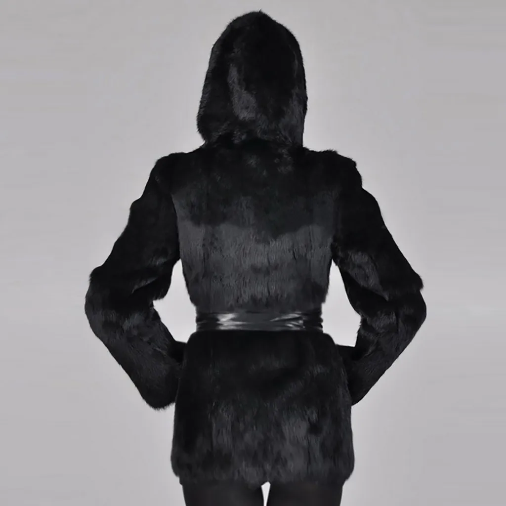Winter Warm hooded Long Solid color Warm Faux Fur Coat New Fashion Casual V-neck Long sleeve bandage Women Fur Outwear