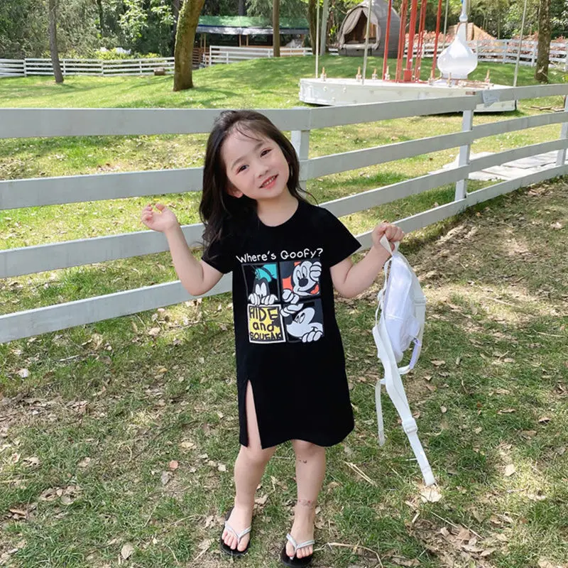 

Girls Split Dress Disney Summer Baby Casual Mid-Length Dresses Children's Short-Sleeved Mickey Mouse Long T-Shirt Dress Kawaii