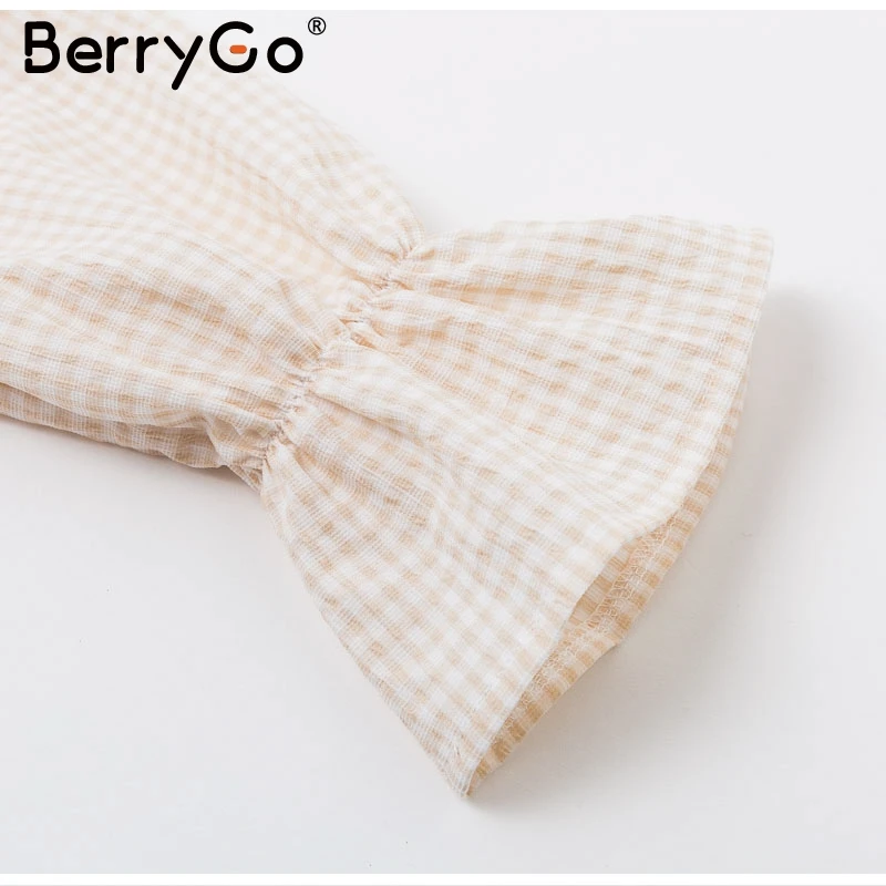 BerryGo, Трикотажное вечернее платье с открытыми плечами, элегантное клетчатое женское платье с пышными рукавами, сексуальная уличная одежда для девушек, Осень-зима, vestidos