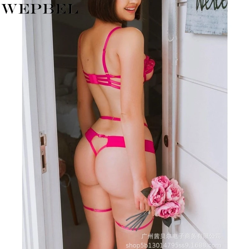 

WEPBEL Women's Fashion Solid Color Lace Underwear Set Sexy Bandage Panties + Embroidery Spaghetti Strap Hollow Out Bra Set